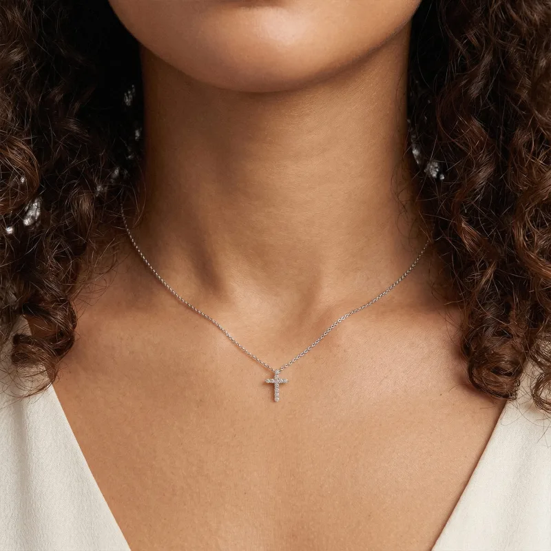 Classic Shared Prong Lab Diamond Cross Necklace (.10 ct. tw.)-14K White Gold worn