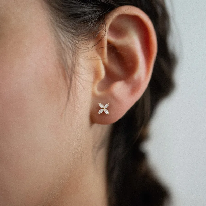 Flora Marquise Lab Diamond Stud Earrings-14K White Gold worn