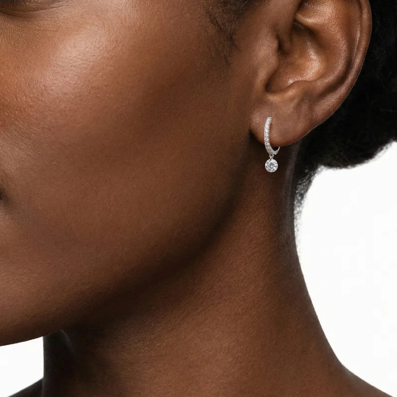 Floating Lab Diamond Pave Drop Hoop Earrings-14K White Gold worn