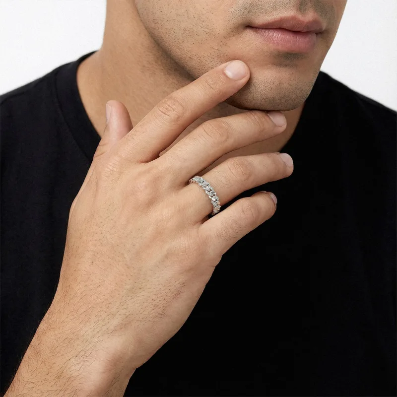 Brush Cuban Link Half-Eternity Diamond Wedding Band (5mm) 14K White Gold worn