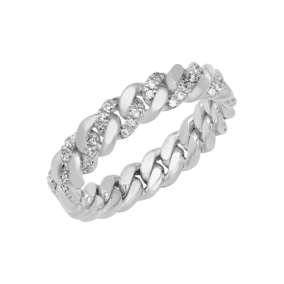 Brush Cuban Link Half-Eternity Diamond Wedding Band (5mm) 14K White Gold