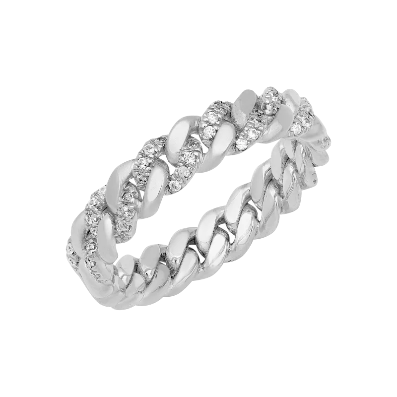 Brush Cuban Link Half-Eternity Diamond Wedding Band (5mm) 14K White Gold