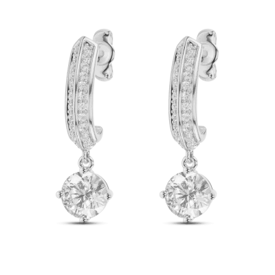 Knife-Edge Pave Round Drop Lab Diamond Hoops-14K White Gold