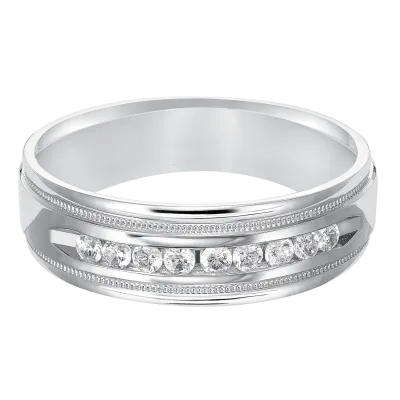 Diamond Channel Set Milgrain Wedding Band 14K White Gold