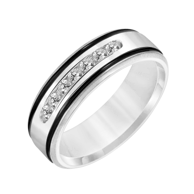 Diamond Channel Set Wedding Band with Black Stripes 14K White Gold