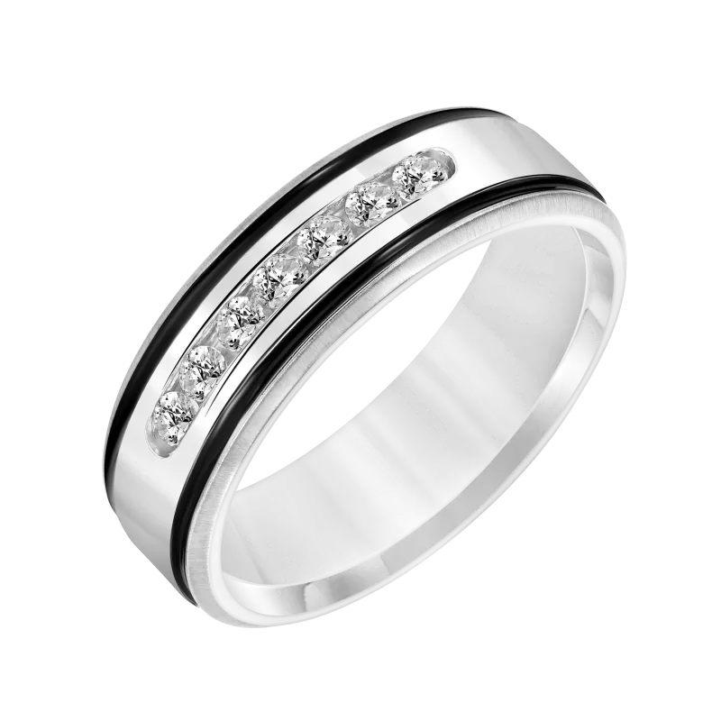 Diamond Channel Set Wedding Band with Black Stripes 14K White Gold