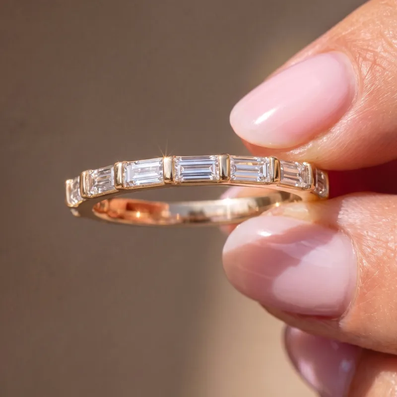 Charlene Baguette Lab Wedding Band 14K Yellow Gold worn