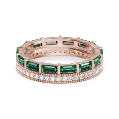 Emerald Baguette & Lab Diamond Double Row Eternity Wedding Band 14K Rose Gold