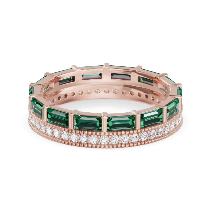 Emerald Baguette & Lab Diamond Double Row Eternity Wedding Band 14K Rose Gold