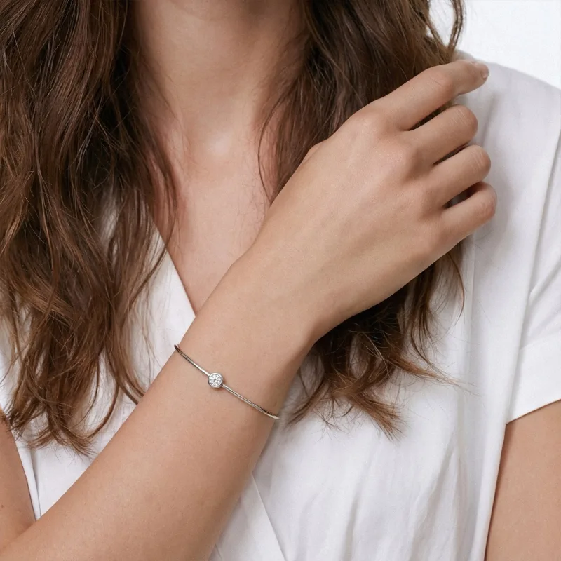 Solitaire Lab Diamond Bezel Set Bangle-14K White Gold worn