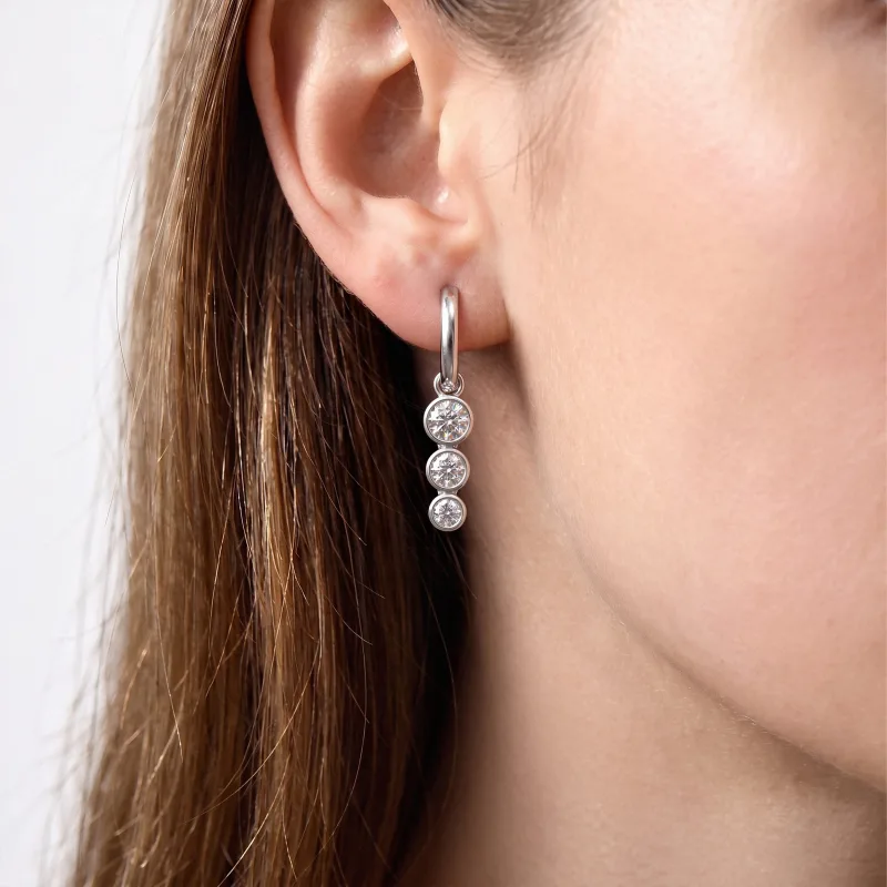 Bezel Triple Dangle Lab Diamond Huggie Earrings-14K White Gold worn