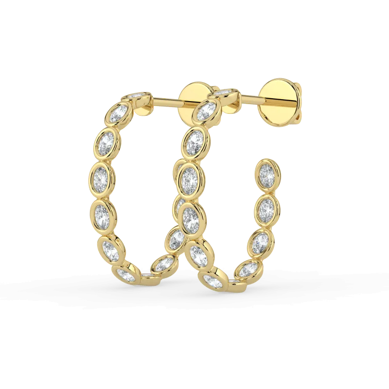 Oval Bezel Inside-Out Lab Diamond Hoop Earrings-14K Yellow Gold