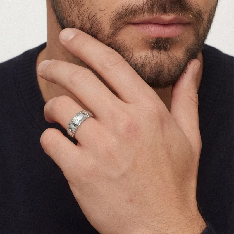 Engraved Lab Diamond Beveled Eternity Wedding Band (8mm) 14K White Gold worn