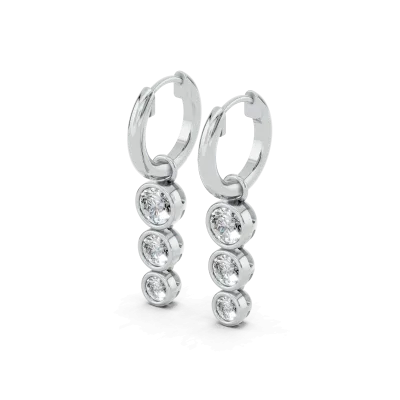 Bezel Triple Dangle Lab Diamond Huggie Earrings-14K White Gold
