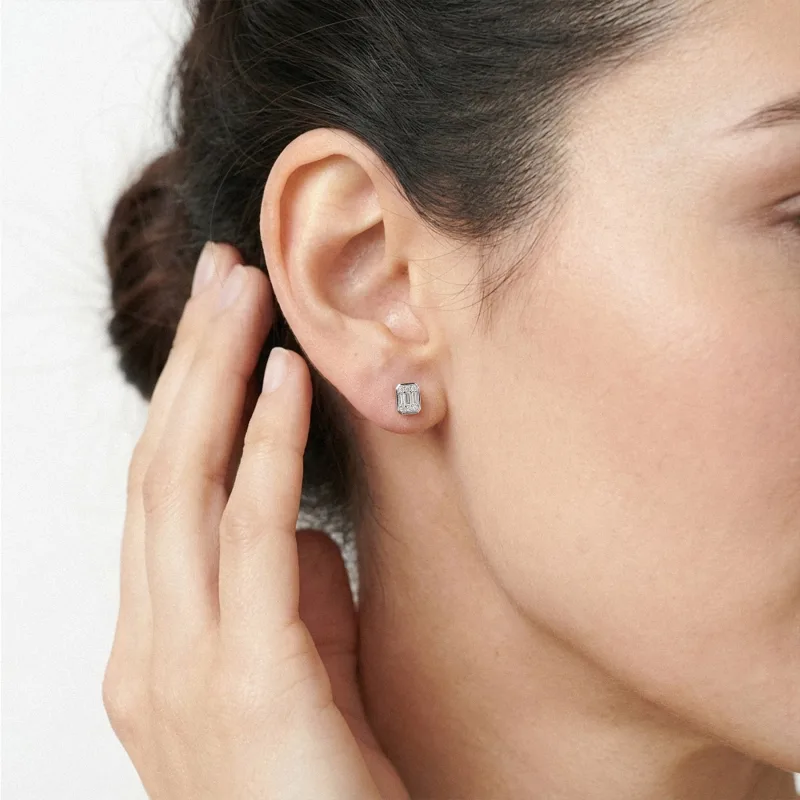Emerelle Baguette & Round Lab Earrings-14K White Gold worn