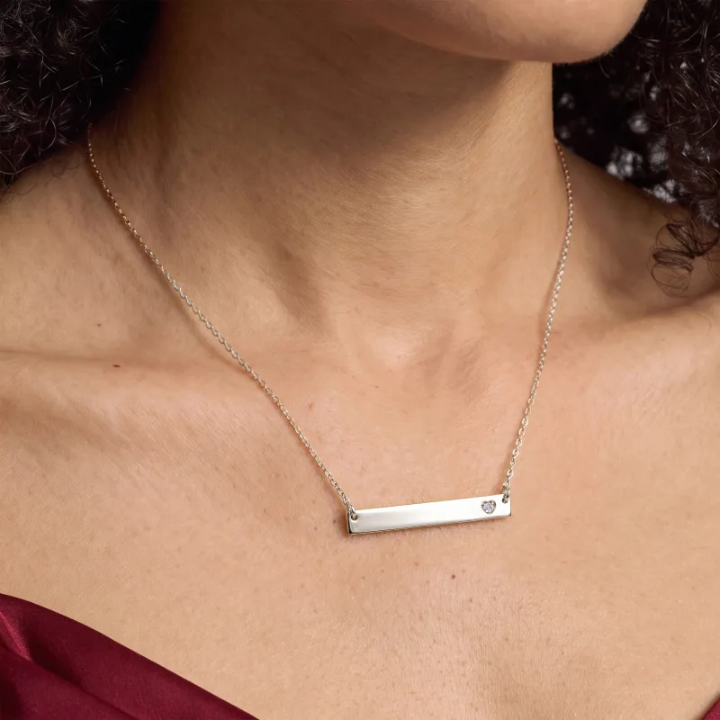 Engravable Heart Lab Diamond Bar Silver Necklace-Silver worn