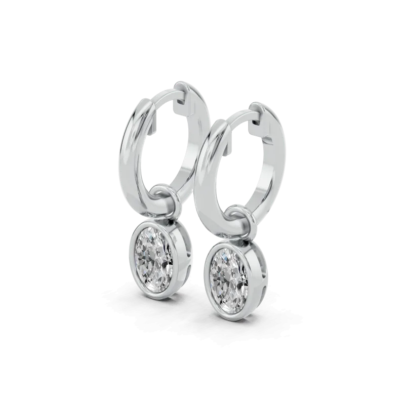 Bezel Dangle Oval Lab Diamond Huggie Earrings-14K White Gold