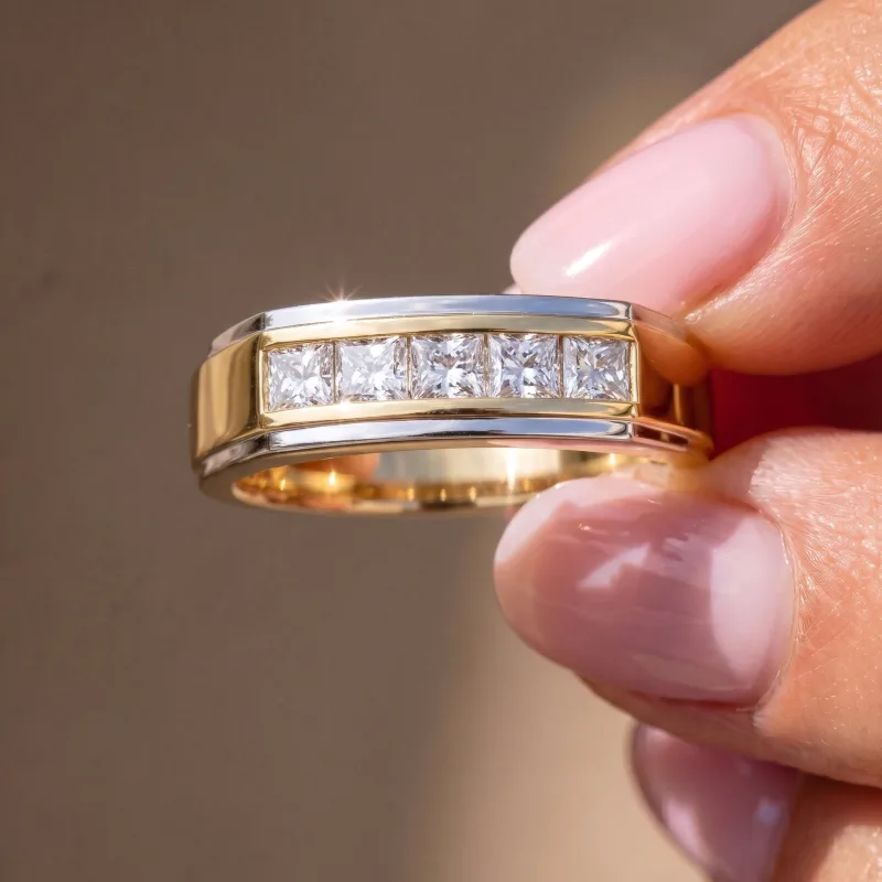 Five-Stone Lab Princess-Cut Channel-Set Wedding Band (5mm) 14K Yellow Gold worn