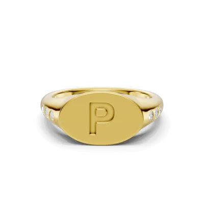 Initial Signet Lab Diamond Accent Ring - P 14K Yellow Gold