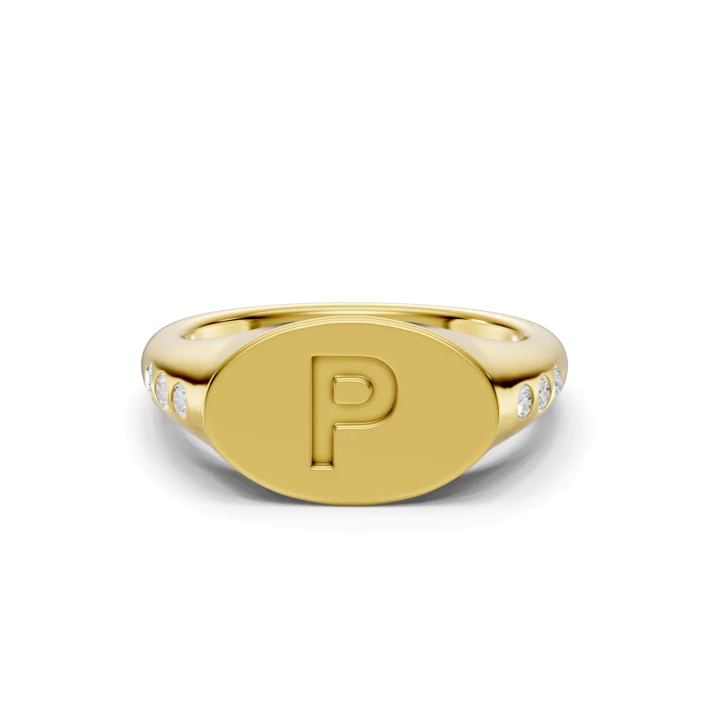 Initial Signet Lab Diamond Accent Ring - P 14K Yellow Gold