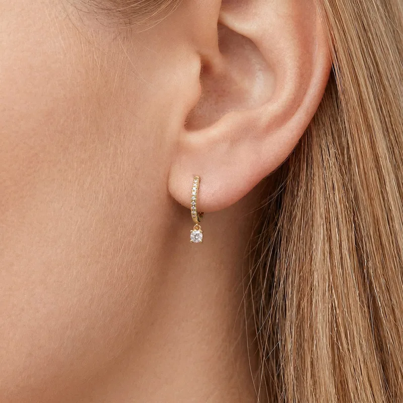 Round Lab Diamond Drop Huggie Earrings-14K Yellow Gold worn