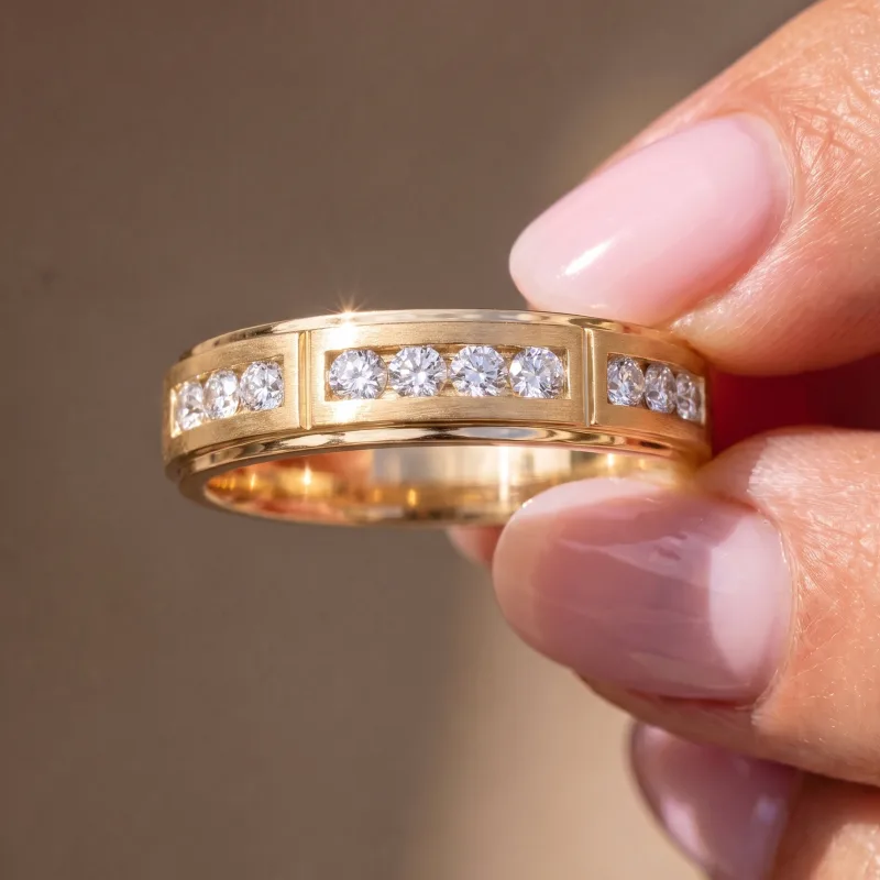 Triple Trio Channel-Set Lab Diamond Wedding Band (7mm) 14K Yellow Gold worn