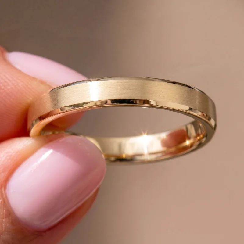 Brushed Finish Polished Beveled Edge Wedding Band (4.5mm) 14K Yellow Gold worn