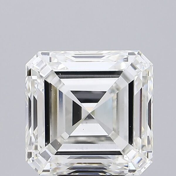 This 8.37 carat Asscher lab created diamond is certified by IGI as H color VS2 clarity and Very Good cut. It can be purchased as a loose diamond or set in a ring.
