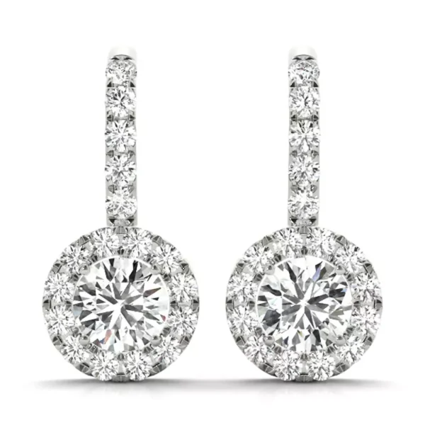 diamond drop earrings. Featuring brilliant round center diamonds encircled by a shimmering diamond halo, they're adorned with shepherd hook style backs for a classic and sophisticated look that's perfect for any formal occasion or a touch of everyday luxury.