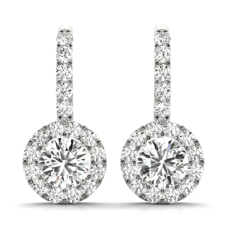 diamond drop earrings. Featuring brilliant round center diamonds encircled by a shimmering diamond halo, they're adorned with shepherd hook style backs for a classic and sophisticated look that's perfect for any formal occasion or a touch of everyday luxury.