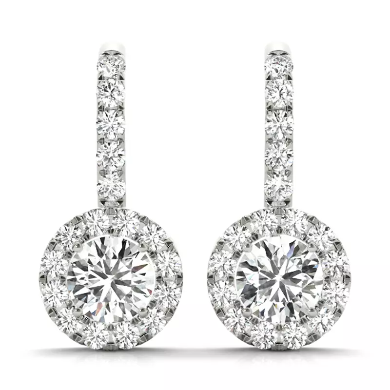 diamond drop earrings. Featuring brilliant round center diamonds encircled by a shimmering diamond halo, they're adorned with shepherd hook style backs for a classic and sophisticated look that's perfect for any formal occasion or a touch of everyday luxury.