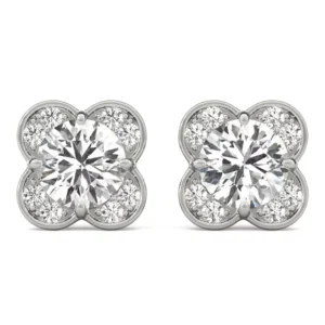 Add a touch of enchantment to your ensemble with these diamond earrings. Each earring showcases a captivating round center diamond encircled by a delicate clover halo, exuding a sense of timeless beauty and luck.