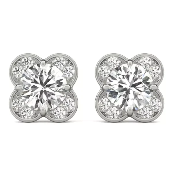 Add a touch of enchantment to your ensemble with these diamond earrings. Each earring showcases a captivating round center diamond encircled by a delicate clover halo, exuding a sense of timeless beauty and luck.