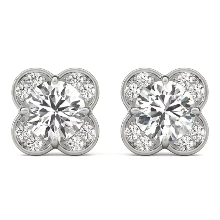 Add a touch of enchantment to your ensemble with these diamond earrings. Each earring showcases a captivating round center diamond encircled by a delicate clover halo, exuding a sense of timeless beauty and luck.