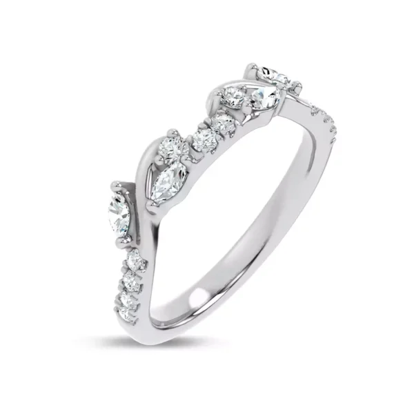 Round and marquise diamonds line halfway around the band, designed to pair with the matching engagement ring for a perfect fit.