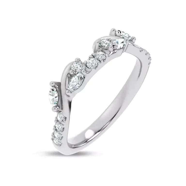 Round and marquise diamonds line halfway around the band, designed to pair with the matching engagement ring for a perfect fit.