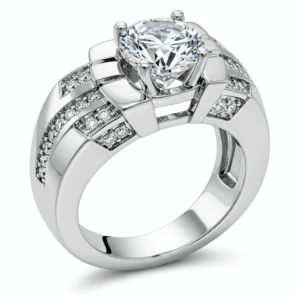The ring's band is wide and sculpted with geometric patterns. On either side of the central gemstone, the band is adorned with smaller, round, clear gemstones set in multiple rows, adding further sparkle. The titanium metal of the ring has a polished finish, reflecting the light and creating highlights and shadows that accentuate its three-dimensional form.