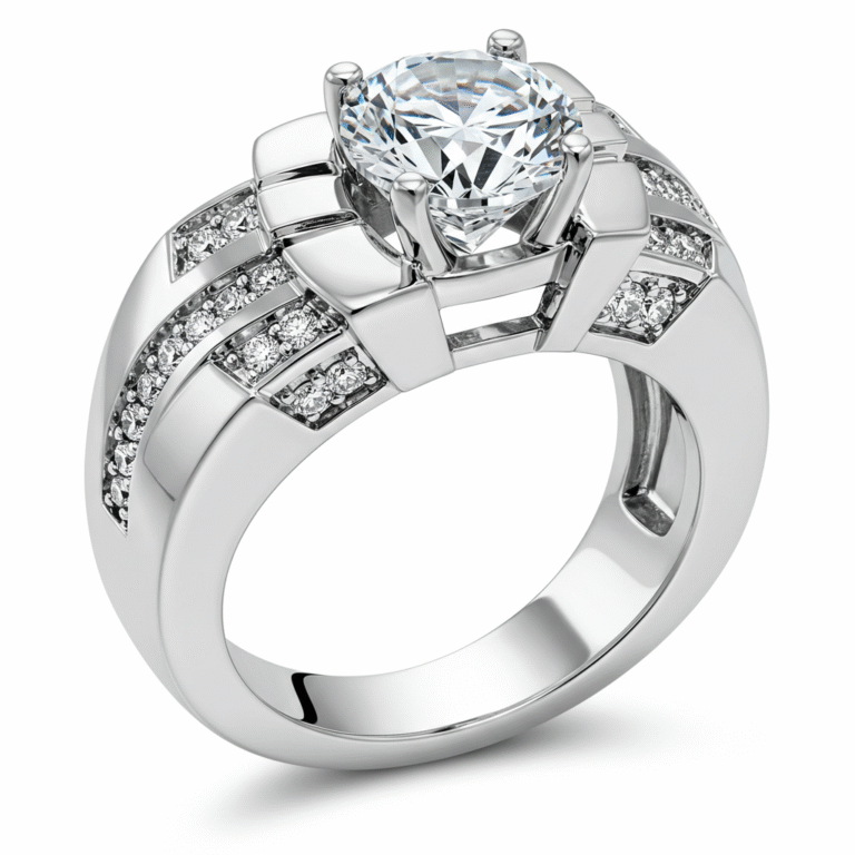 The ring's band is wide and sculpted with geometric patterns. On either side of the central gemstone, the band is adorned with smaller, round, clear gemstones set in multiple rows, adding further sparkle. The titanium metal of the ring has a polished finish, reflecting the light and creating highlights and shadows that accentuate its three-dimensional form.