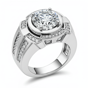The ring features a large, round, brilliant-cut stone as its centerpiece, held in place by four prongs. This central stone is encircled by a halo of smaller, round stones set in a raised, circular frame. The ring's shank is wide and substantial, also embellished with multiple rows of smaller clear stones embedded in channels along its sides.