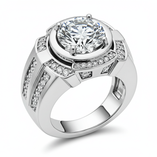 The ring features a large, round, brilliant-cut stone as its centerpiece, held in place by four prongs. This central stone is encircled by a halo of smaller, round stones set in a raised, circular frame. The ring's shank is wide and substantial, also embellished with multiple rows of smaller clear stones embedded in channels along its sides.
