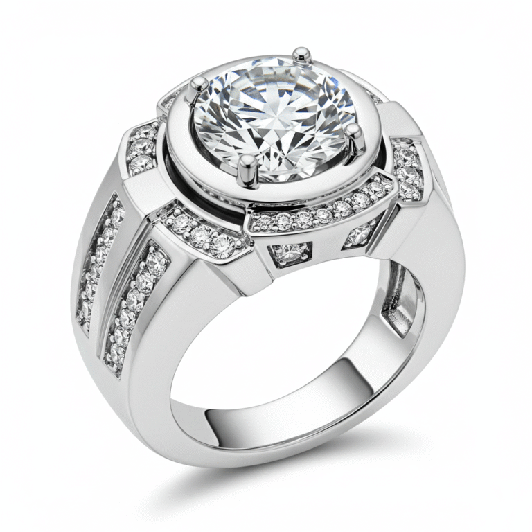 The ring features a large, round, brilliant-cut stone as its centerpiece, held in place by four prongs. This central stone is encircled by a halo of smaller, round stones set in a raised, circular frame. The ring's shank is wide and substantial, also embellished with multiple rows of smaller clear stones embedded in channels along its sides.