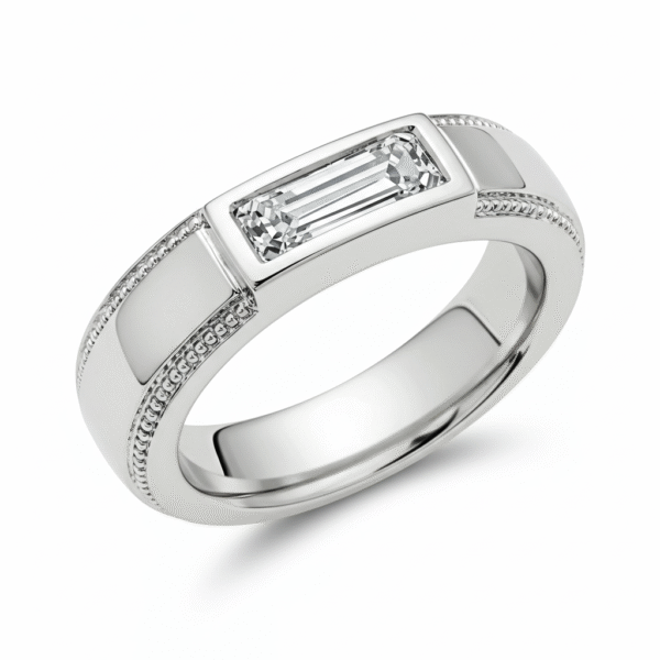 A bold statement in luxury, this Emerald-cut natural diamond shines from a polished White Gold setting.