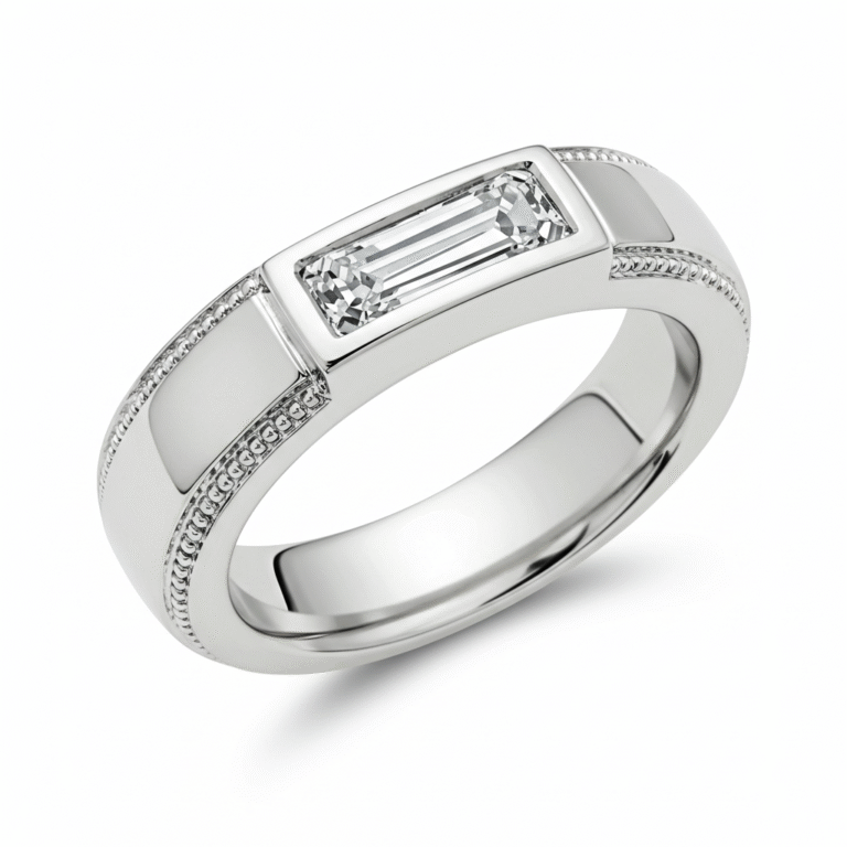 A bold statement in luxury, this Emerald-cut natural diamond shines from a polished White Gold setting.