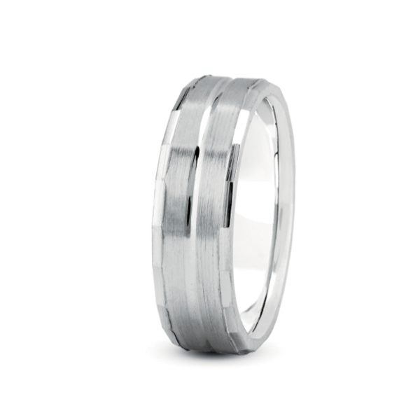 Geometric  With Satin Finished Center (4Mm)Wedding Band 18K White Gold (Setting Price)