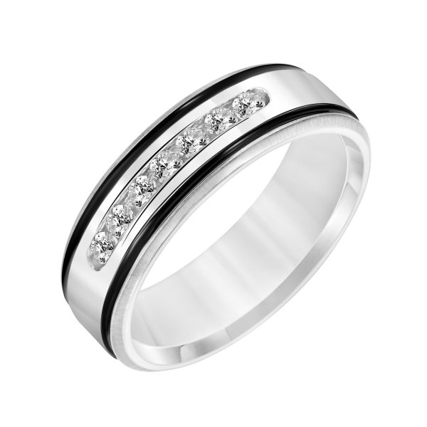 Diamond Channel Set  with Black StripesWedding Band 14K White Gold (Setting Price)
