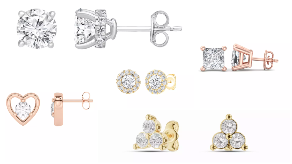 Composite image of best-sellinf stud designs from one of the best places to buy diamond stud earrings, displayed on a white background