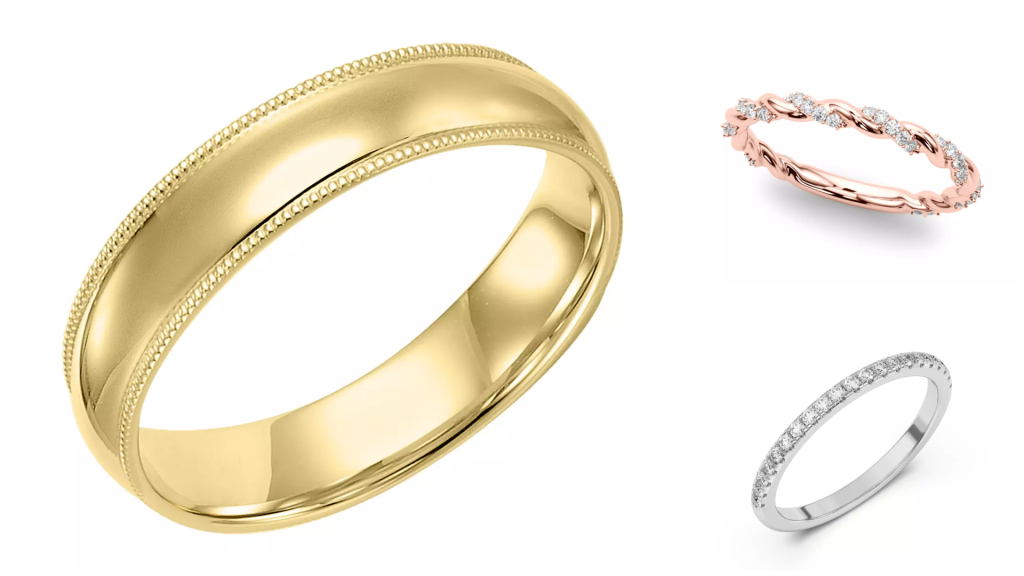 Composite image of wedding bands in different metal options from one of the best places to buy wedding bands, displayed on a white background