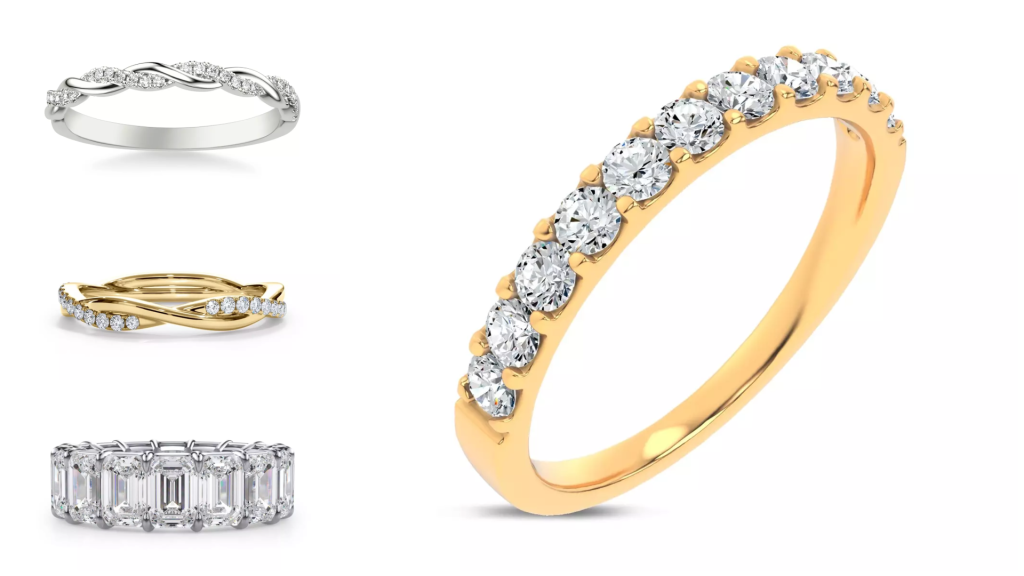 composite image of bestselling bands from one of the best places to buy diamond wedding bands, displayed on a white background
