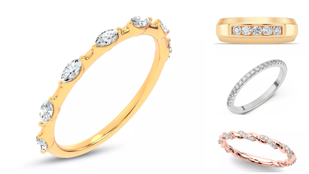 Composite image of bestselling bands and rings with diamonds from one of the best places to buy diamond wedding bands, displayed on a white background

