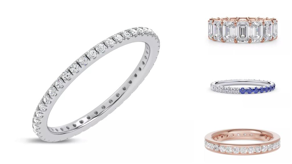 composite image of bestselling eternity bands and rings from one of the best places to buy eternity rings, displayed on a white background